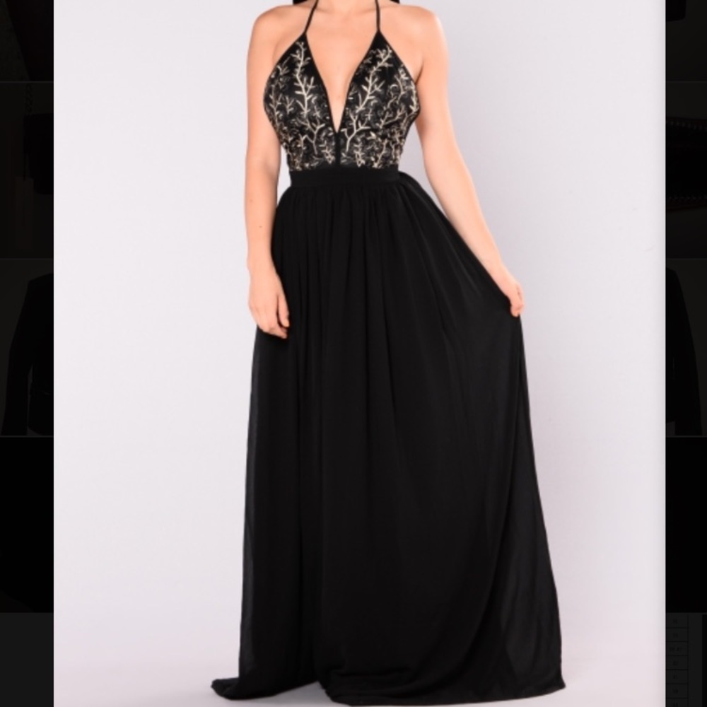 Black and Gold Embroidered Maxi Sleeveless Dress